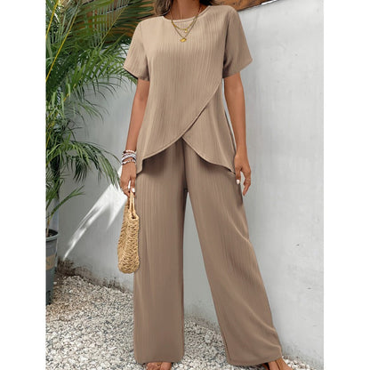 Ensemble Femme Deux Pièces – Haut Asymétrique Manche Courte – Pantalon Large