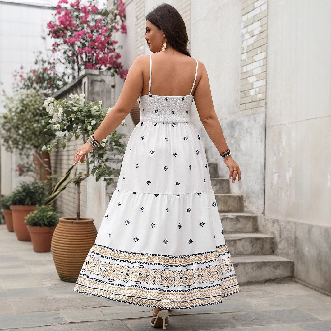 Robe longue femme – Décolleté en V – Taille froncée – Imprimé géométrique fluide