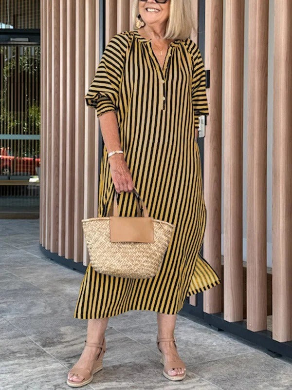Robe midi femme – Coupe ample – Col en V – Manches volantées – Rayée – Coton