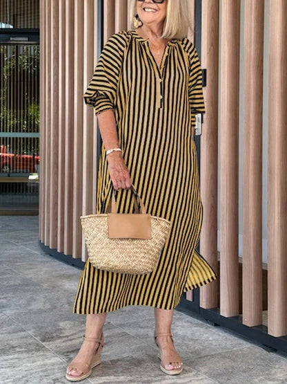 Robe midi femme – Coupe ample – Col en V – Manches volantées – Rayée – Coton