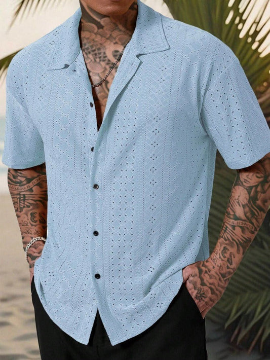 Chemise homme décontractée – Coton – Motif jacquard ajouré – Coupe droite – Manches courtes