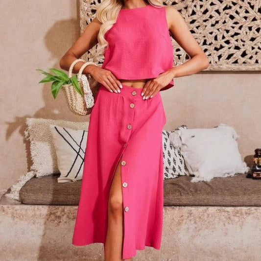 Ensemble Femme – Haut Court Décontracté Sans Manches – Jupe Midi Boutonnée A-Line