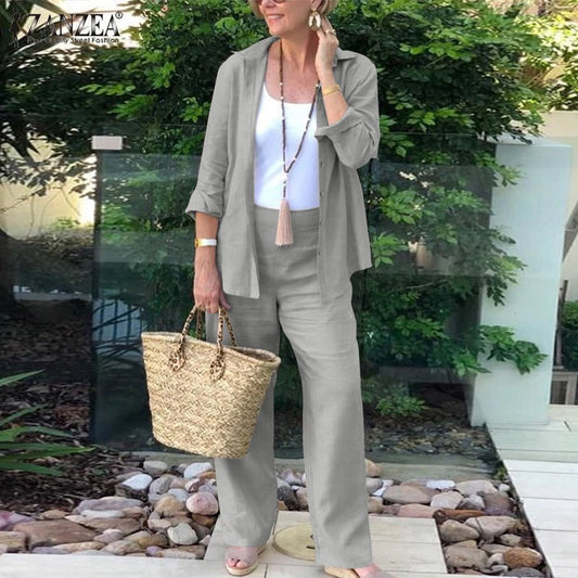 Ensemble Femme Deux Pièces – Lin Mélangé – Coupe Ample – Chemise Ouverte & Pantalon Large