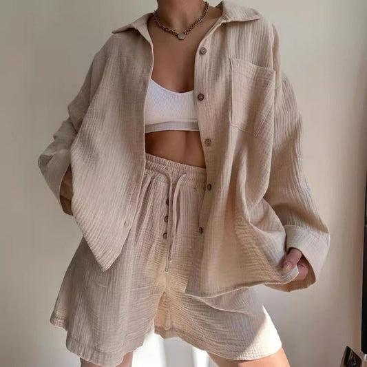 Ensemble Femme Deux Pièces – Chemise Ample à Manches Longues – Short Taille Haute Cordon