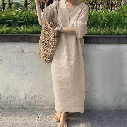 Robe longue femme – Lin et coton – Coupe ample – Manches courtes – Col en V