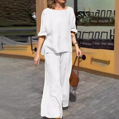 Ensemble Femme Deux Pièces – Lin Coton – Coupe Décontractée – Pantalon Large – Haut Manches Courtes