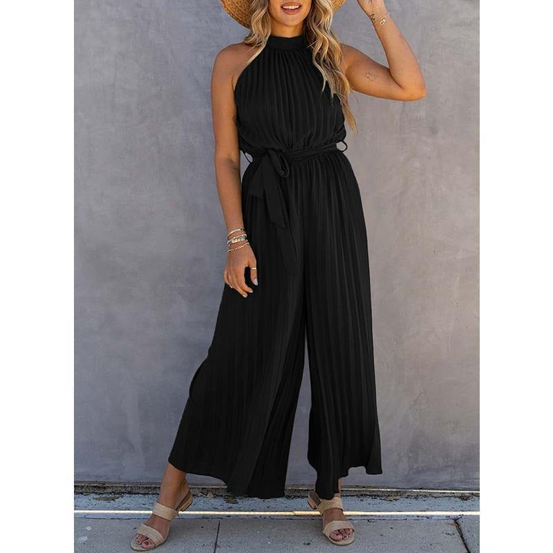 Combinaison femme – Coupe fluide – Col halter – Taille ceinturée – Jambe large plissée