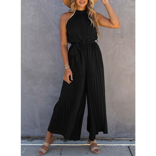 Combinaison femme – Coupe fluide – Col halter – Taille ceinturée – Jambe large plissée