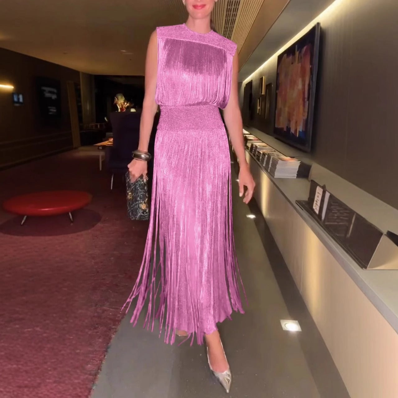 Ensemble deux pièces femme – Robe sans manches – Coupe élégante – Ourlet à franges – Effet soyeux – Longueur midi