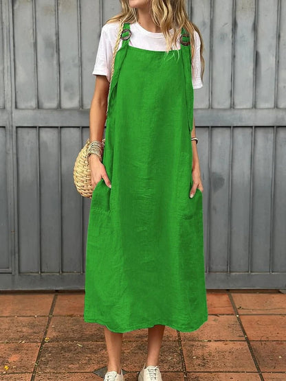 Robe femme – Lin léger – Coupe décontractée – Bretelles réglables – Longueur midi – Poches avant