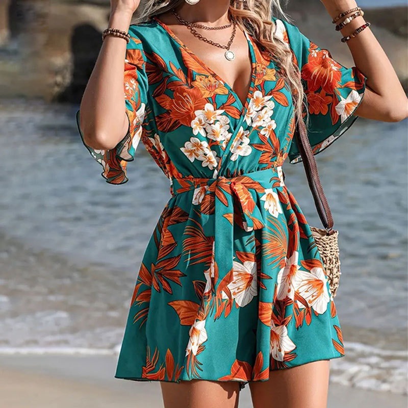 Combinaison femme – Décolleté cache-cœur – Manches volantées – Ceinture taille – Imprimé floral