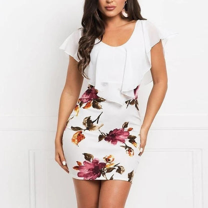 Robe femme fourreau – Coupe slim – Motif floral – Col rond – Volants transparents – Mini