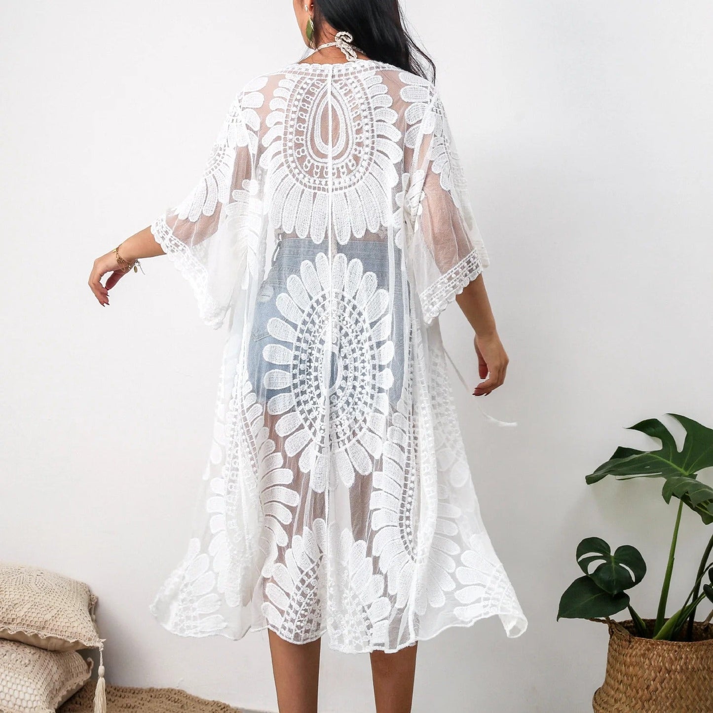 Kimono Femme – Tissu Léger Transparent – Coupe Décontractée – Dentelle – Ceinture Nouée