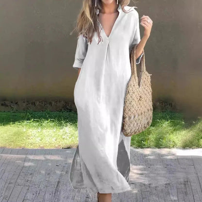 Robe longue femme – Coupe ample – Col en V – Manches mi-longues – Coton