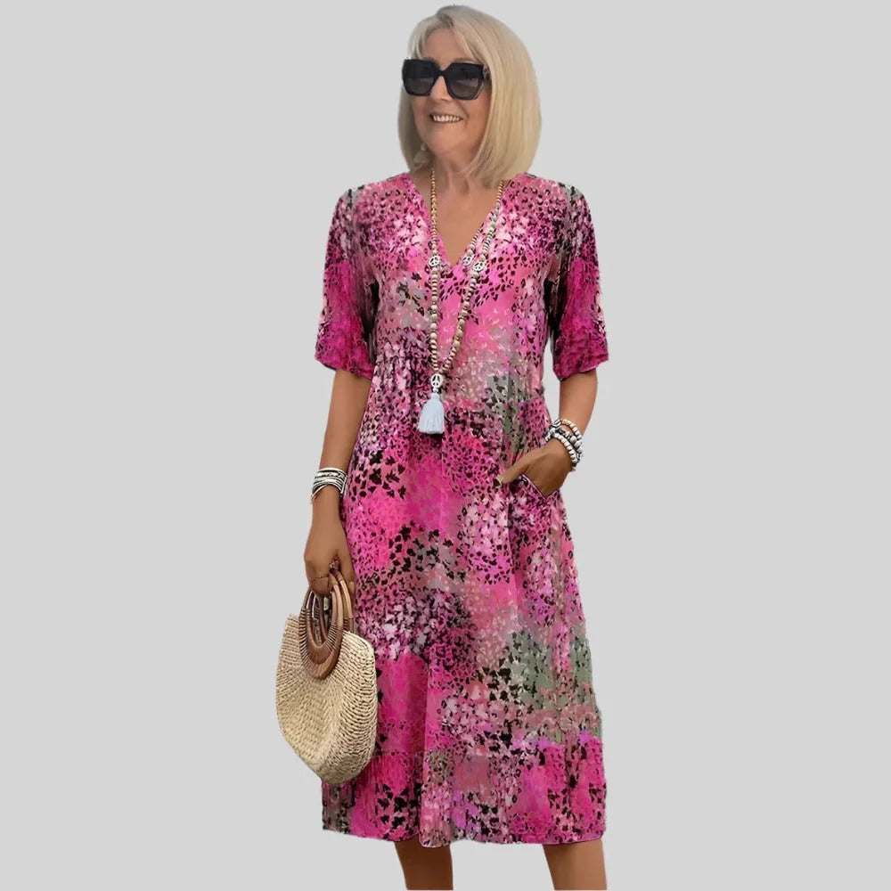 Robe midi femme – Coupe fluide – Col en V – Manches courtes – Imprimé abstrait – Poches