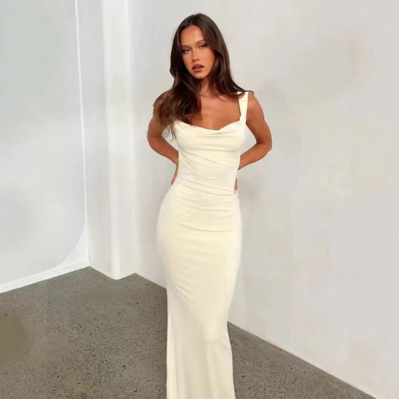 Robe de soirée femme – Coupe ajustée – Encolure drapée – Longueur maxi satinée