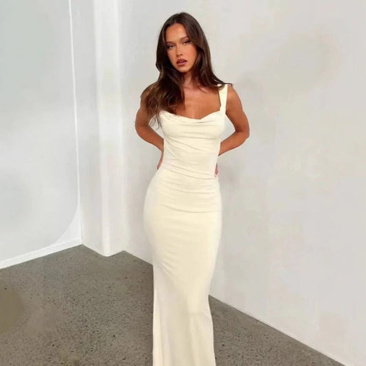 Robe de soirée femme – Coupe ajustée – Encolure drapée – Longueur maxi satinée