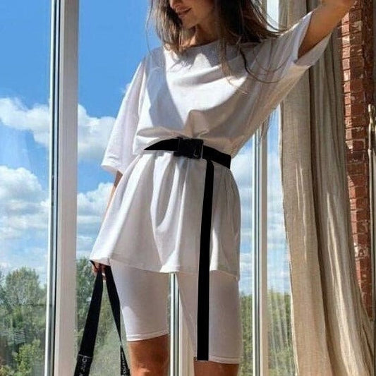 Women’s Two-Piece Set – Tunic Top with Waist Belt – Fitted Cycling Shorts – Casual Fit