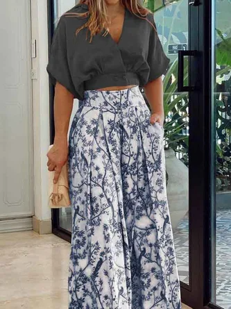 Ensemble Femme Deux Pièces – Haut Court Manches Chauve-Souris – Pantalon Taille Haute Ample – Tissu Respirant