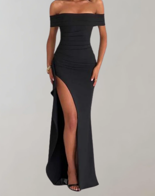 Robe longue femme – Coupe ajustée – Épaules dénudées – Fente haute élégante