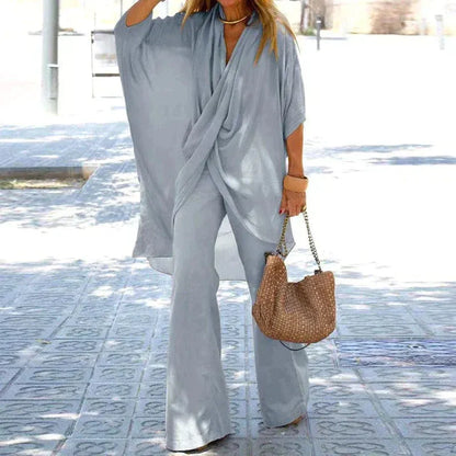 Ensemble Femme Deux Pièces – Haut Drapé Fluide – Pantalon Large – Coton