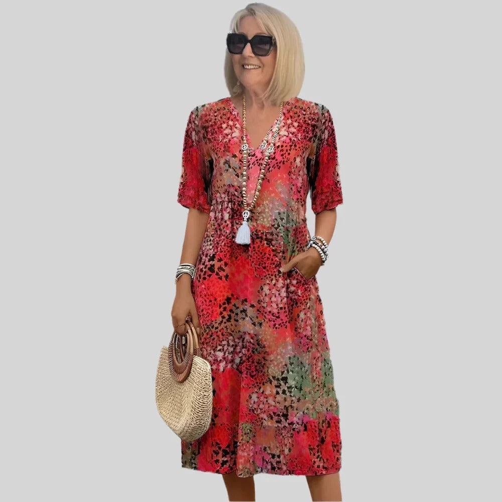 Robe midi femme – Coupe fluide – Col en V – Manches courtes – Imprimé abstrait – Poches