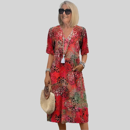 Robe midi femme – Coupe fluide – Col en V – Manches courtes – Imprimé abstrait – Poches