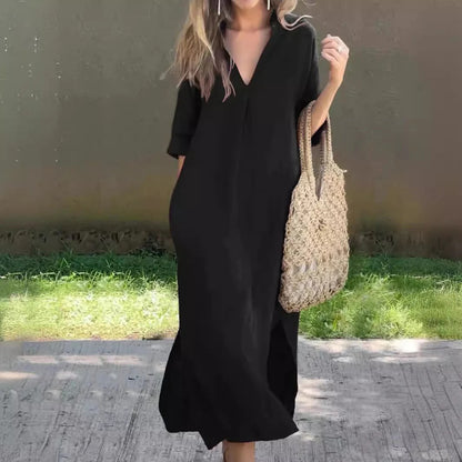 Robe longue femme – Coupe ample – Col en V – Manches mi-longues – Coton