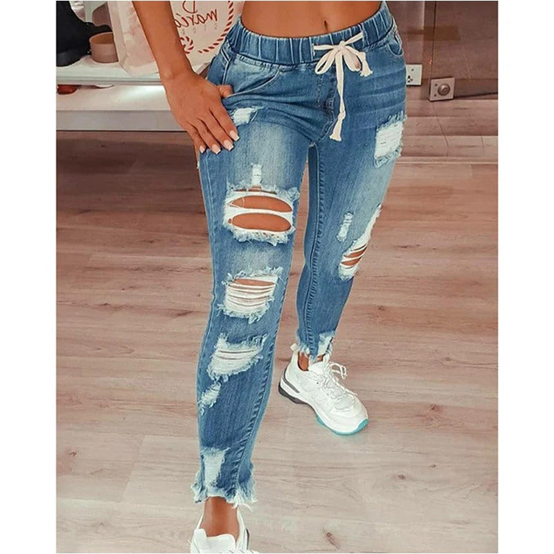 Pantalon décontracté femme – Coupe slim – Effet déchiré – Taille élastique avec cordon