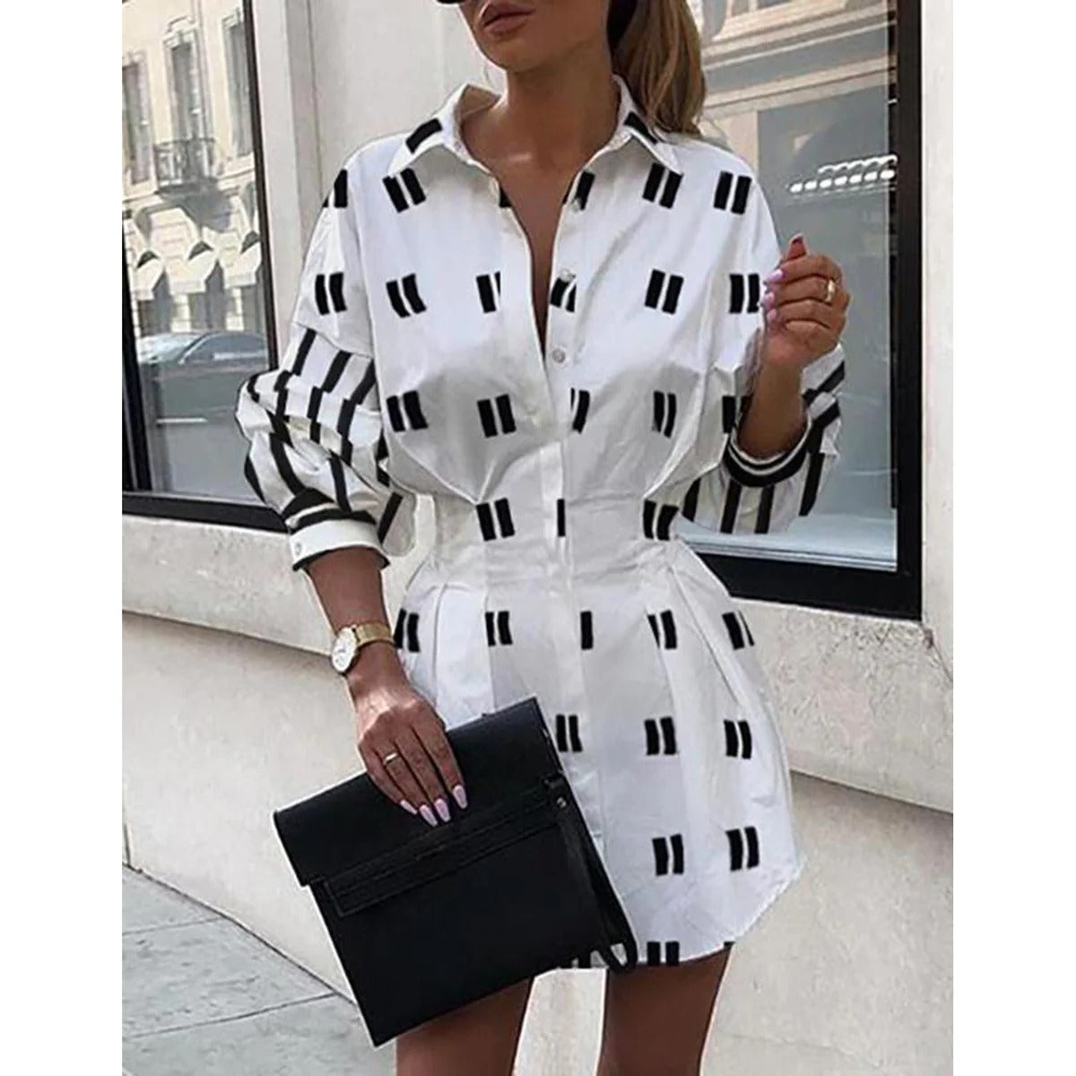 Robe chemise femme – Coupe décontractée – Coton doux – Imprimé graphique – Manches longues