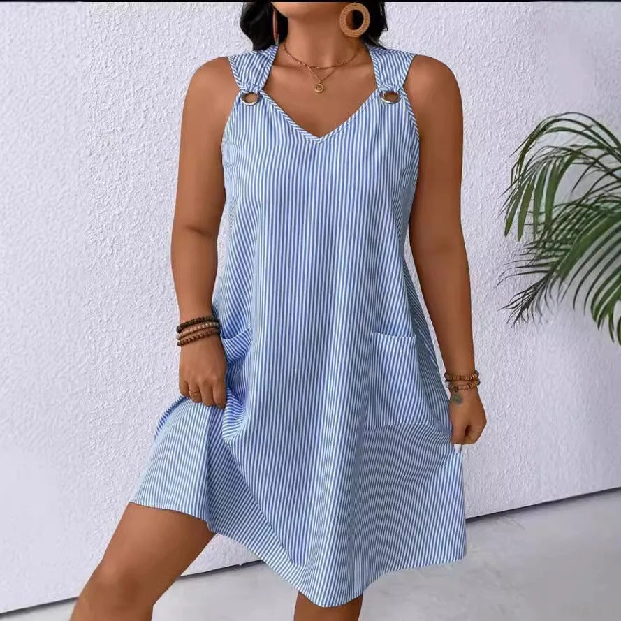 Robe femme trapèze – Décolleté en V – Rayures verticales – Poches – Bretelles à anneaux