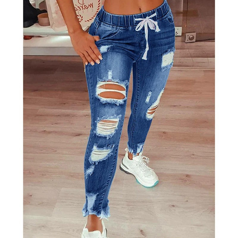 Pantalon décontracté femme – Coupe slim – Effet déchiré – Taille élastique avec cordon