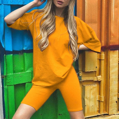 Women’s Two-Piece Set – Tunic Top with Waist Belt – Fitted Cycling Shorts – Casual Fit