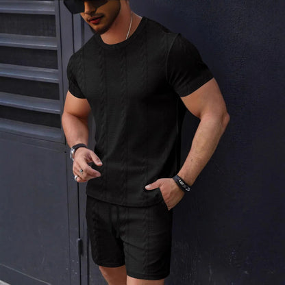 Ensemble Homme T-shirt et Short – Maille Texturée – Coupe Regular – Col Rond – Taille Cordon