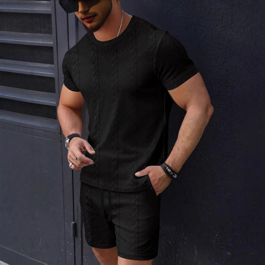 Ensemble Homme T-shirt et Short – Maille Texturée – Coupe Regular – Col Rond – Taille Cordon