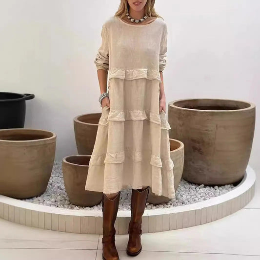 Robe longue femme – Linen – Coupe évasée – Manches longues à volants – Style décontracté