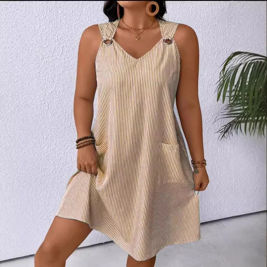 Robe femme trapèze – Décolleté en V – Rayures verticales – Poches – Bretelles à anneaux