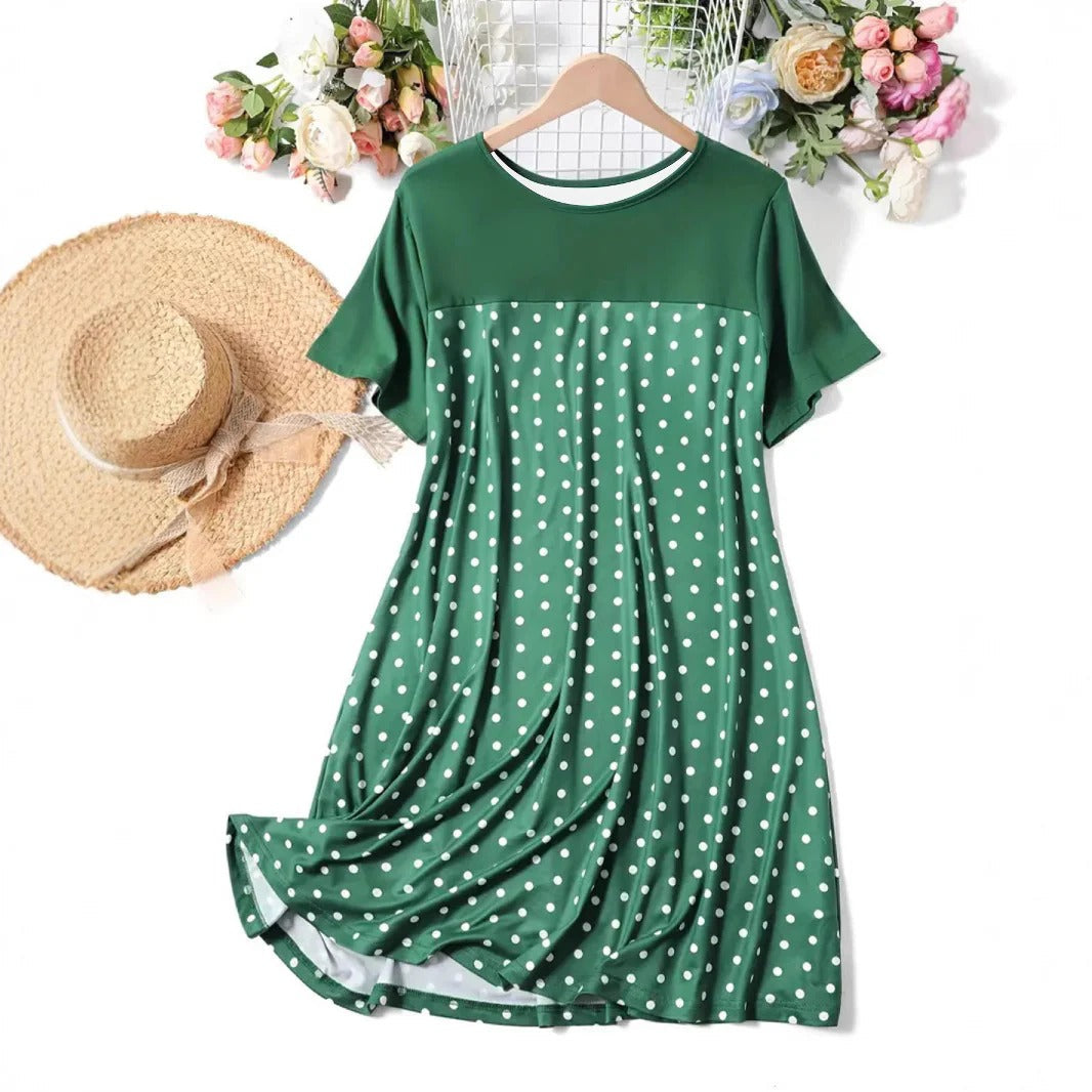Robe femme trapèze – Pois – Coupe décontractée – Manches courtes – Longueur genou