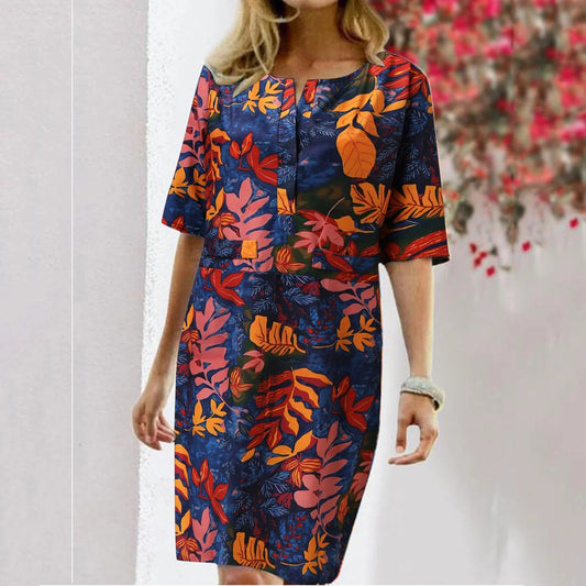 Robe femme – Coupe décontractée – Coton doux – Imprimé feuilles – Longueur genou
