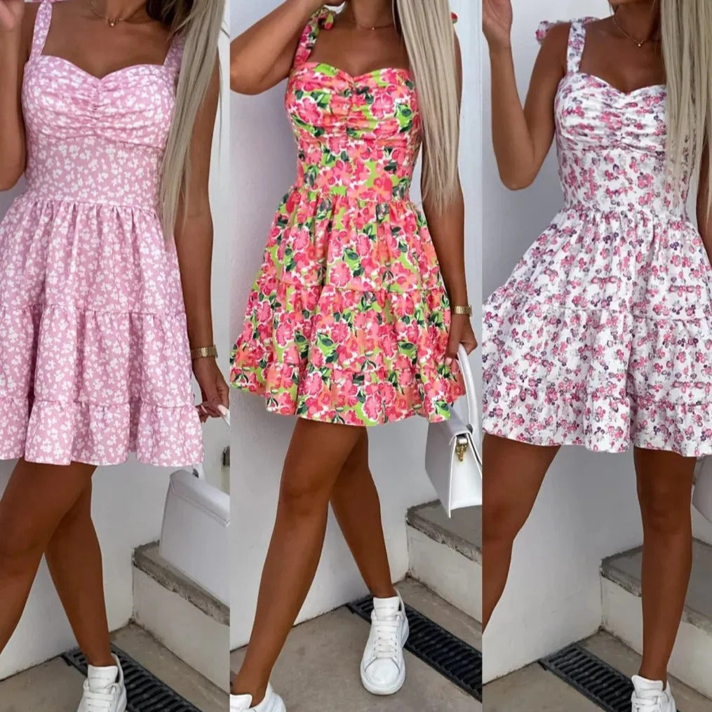 Robe courte femme – Coupe évasée – Motif fleuri – Bretelles fines – Jupe à volants