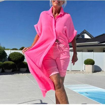 Robe midi femme – Coupe décontractée – Coton doux – Manches courtes – Col chemise