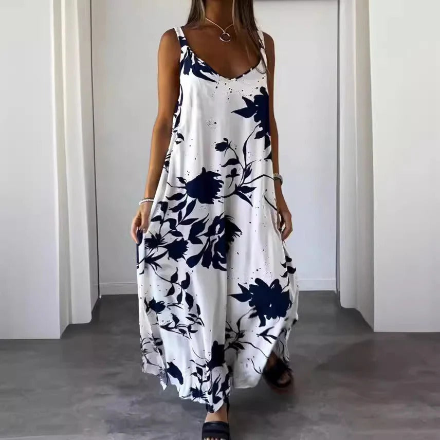 Robe longue femme – Décolleté en V – Imprimé fleuri – Coupe fluide