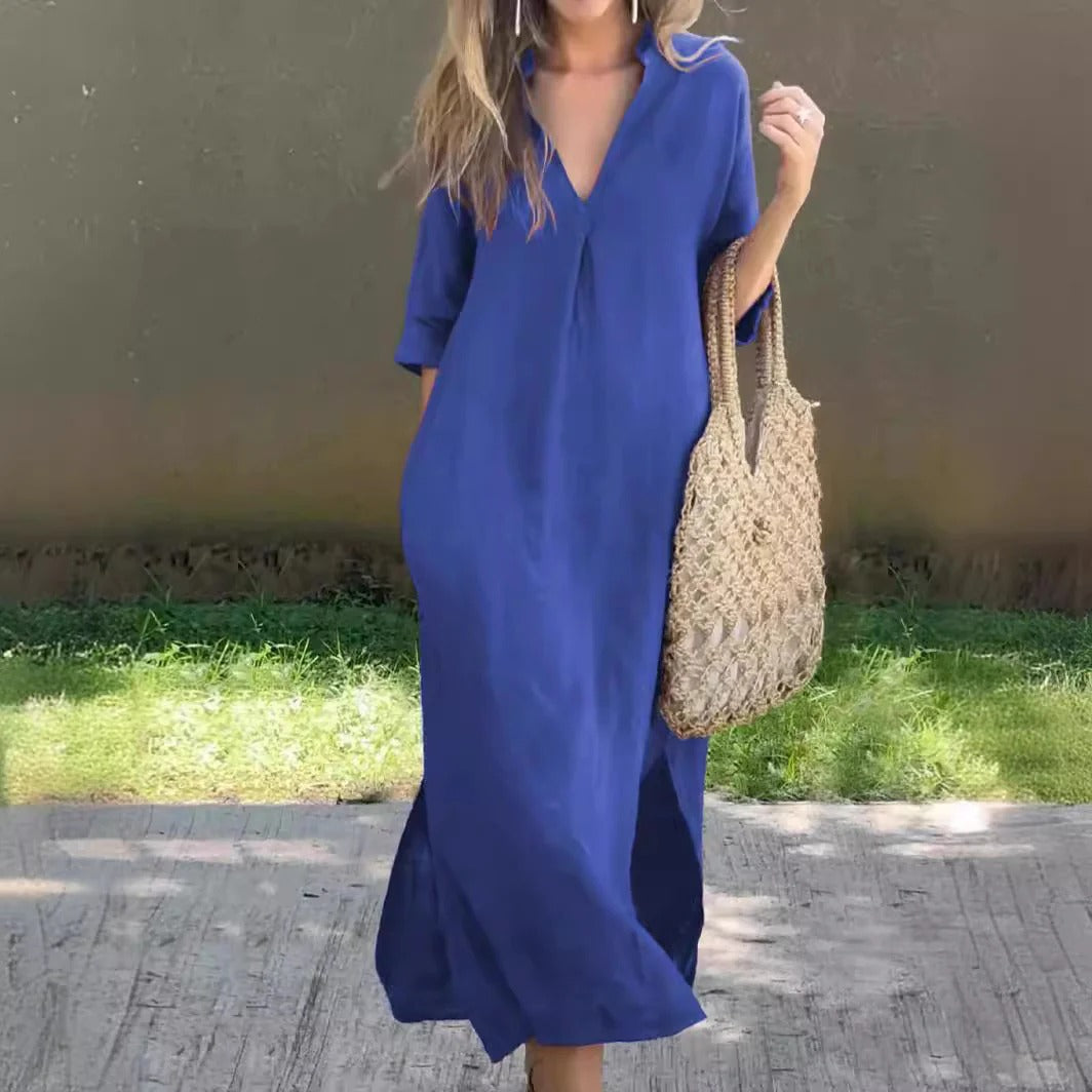 Robe longue femme – Coupe ample – Col en V – Manches mi-longues – Coton