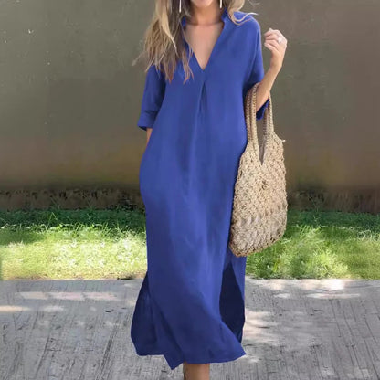 Robe longue femme – Coupe ample – Col en V – Manches mi-longues – Coton