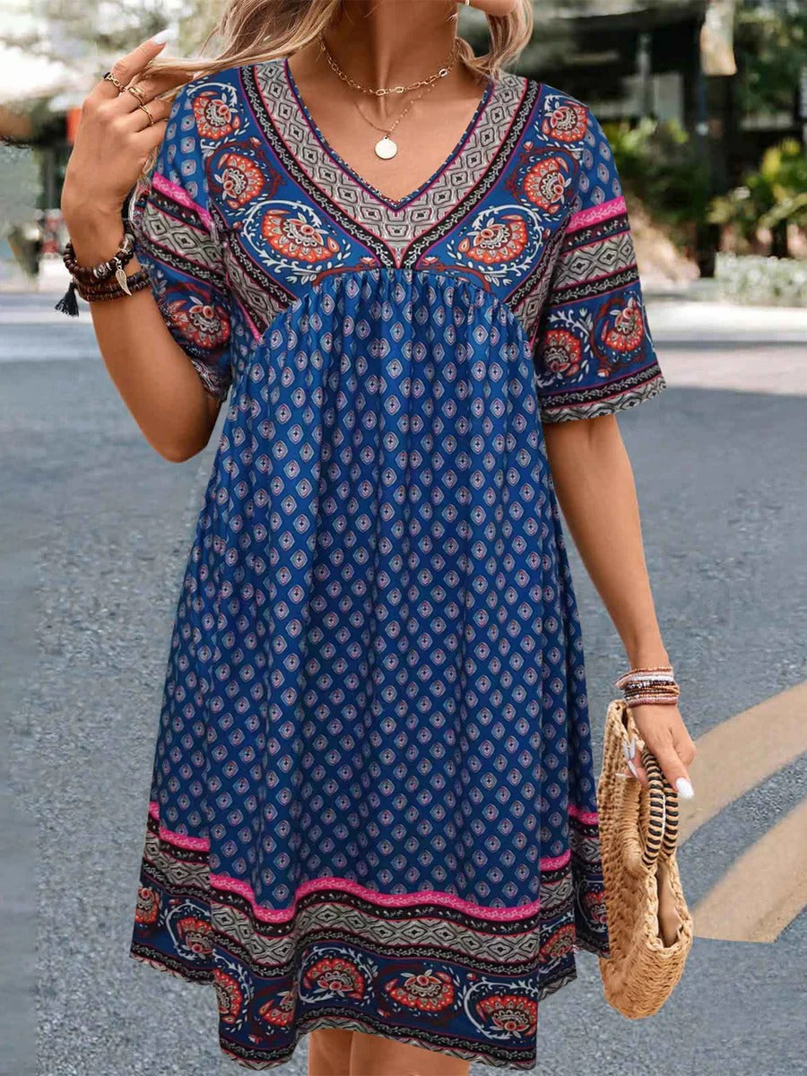 Robe décontractée femme – Coupe fluide – Col en V – Imprimé ethnique – Tissu coton