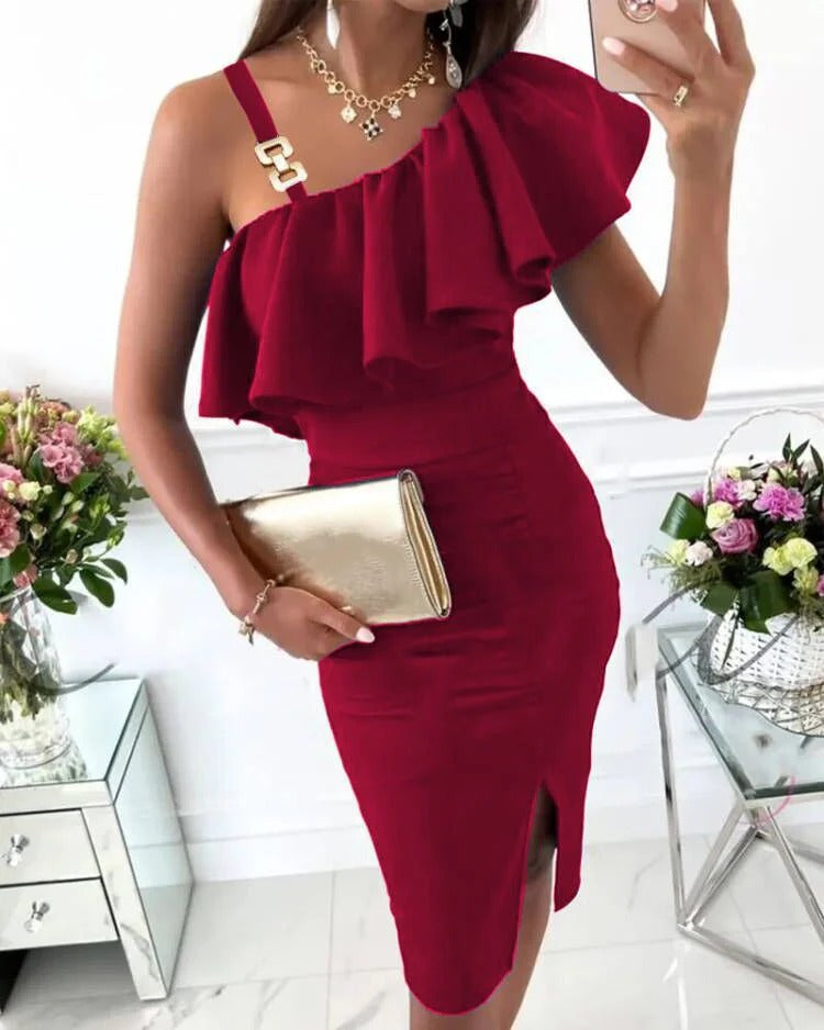 Robe moulante femme – Satin lustré – Volants – Fente latérale – Bretelles décoratives