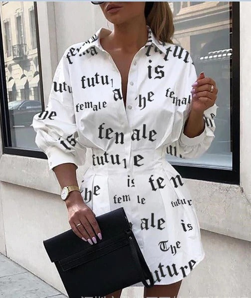 Robe chemise femme – Coupe décontractée – Coton doux – Imprimé graphique – Manches longues