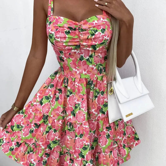 Robe courte femme – Coupe évasée – Motif fleuri – Bretelles fines – Jupe à volants