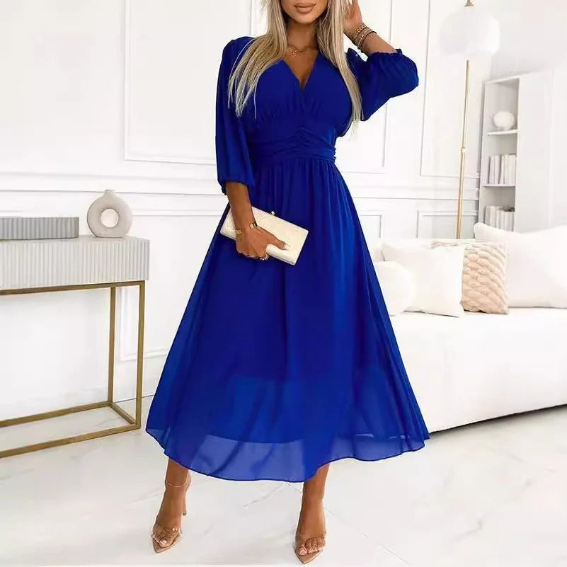 Women's long dress – V-neck – Long sleeves – Satiny