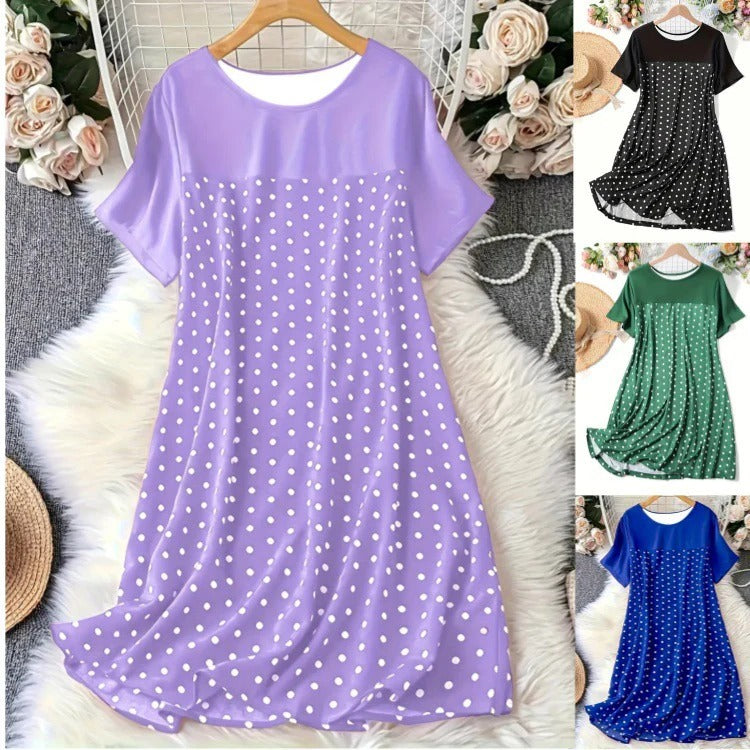Robe femme trapèze – Pois – Coupe décontractée – Manches courtes – Longueur genou